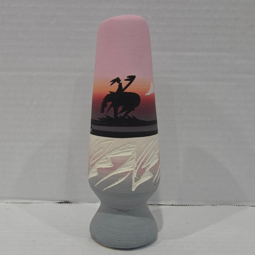 M.B. Navajo Signed Pottery Vase Hand Painted Sunset Horseback Rider 6.25 inch